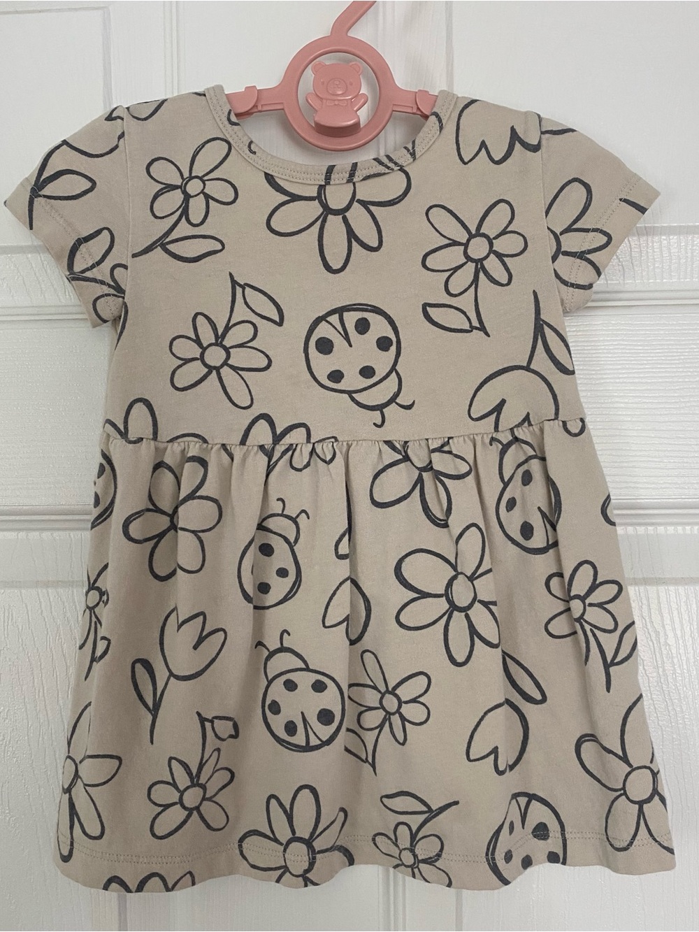 Carter's Beige Short-Sleeve Dress with Black Floral & Ladybug Print